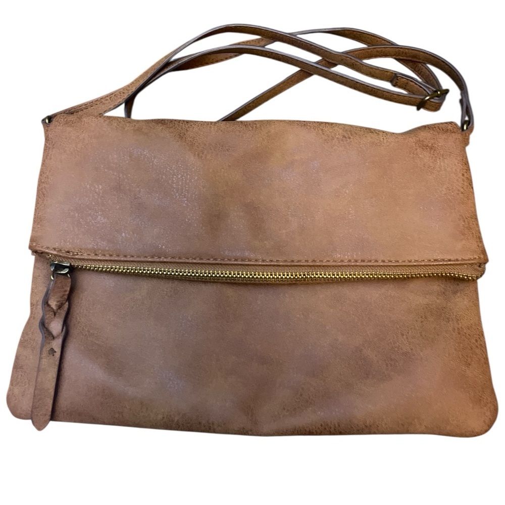 Light Brown Boho Crossbody Bag | Faux Leather, Foldover Flap